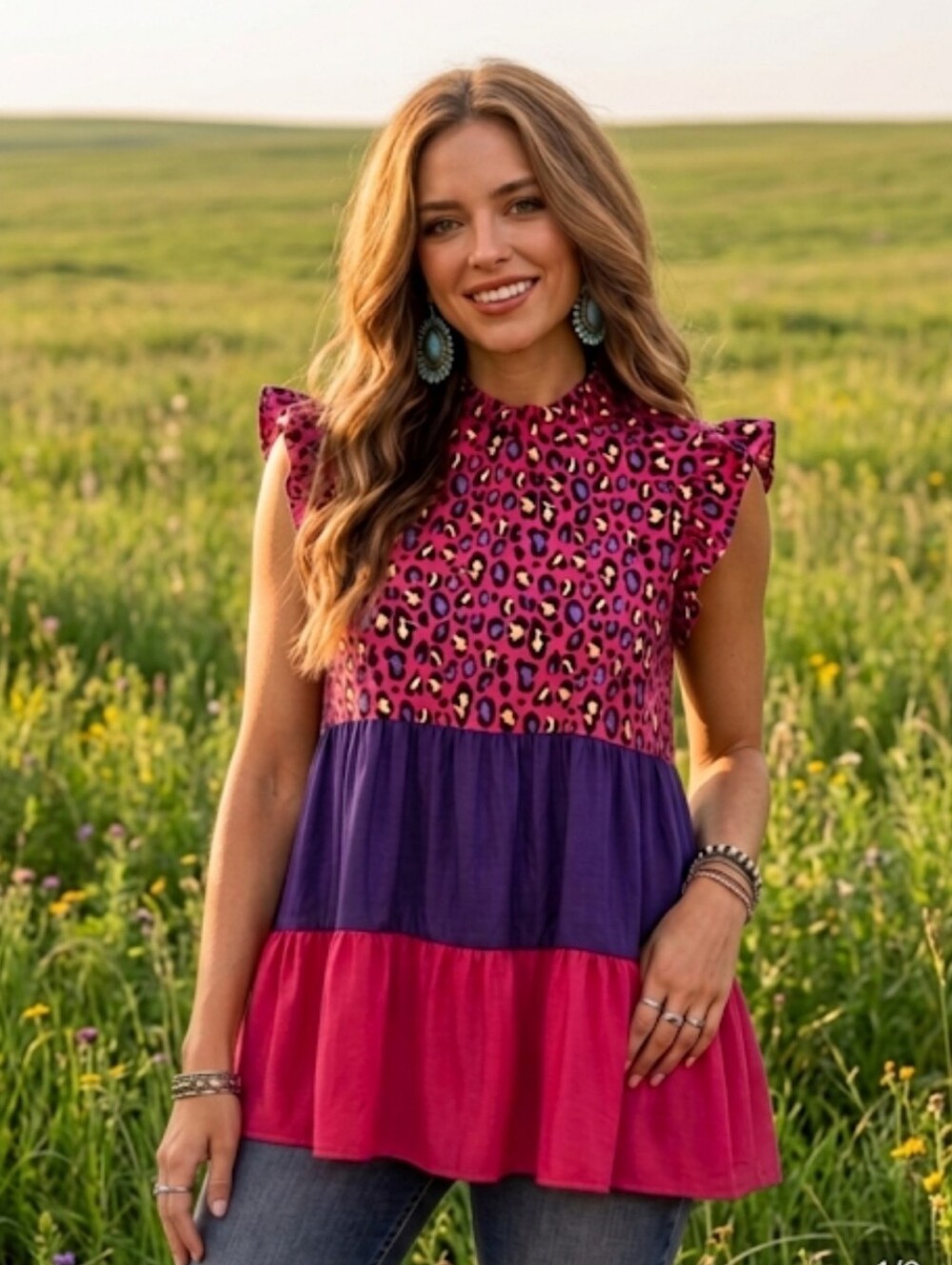 Sunshine & Rodeos Leopard Ruffle Sleeve Top, NWT